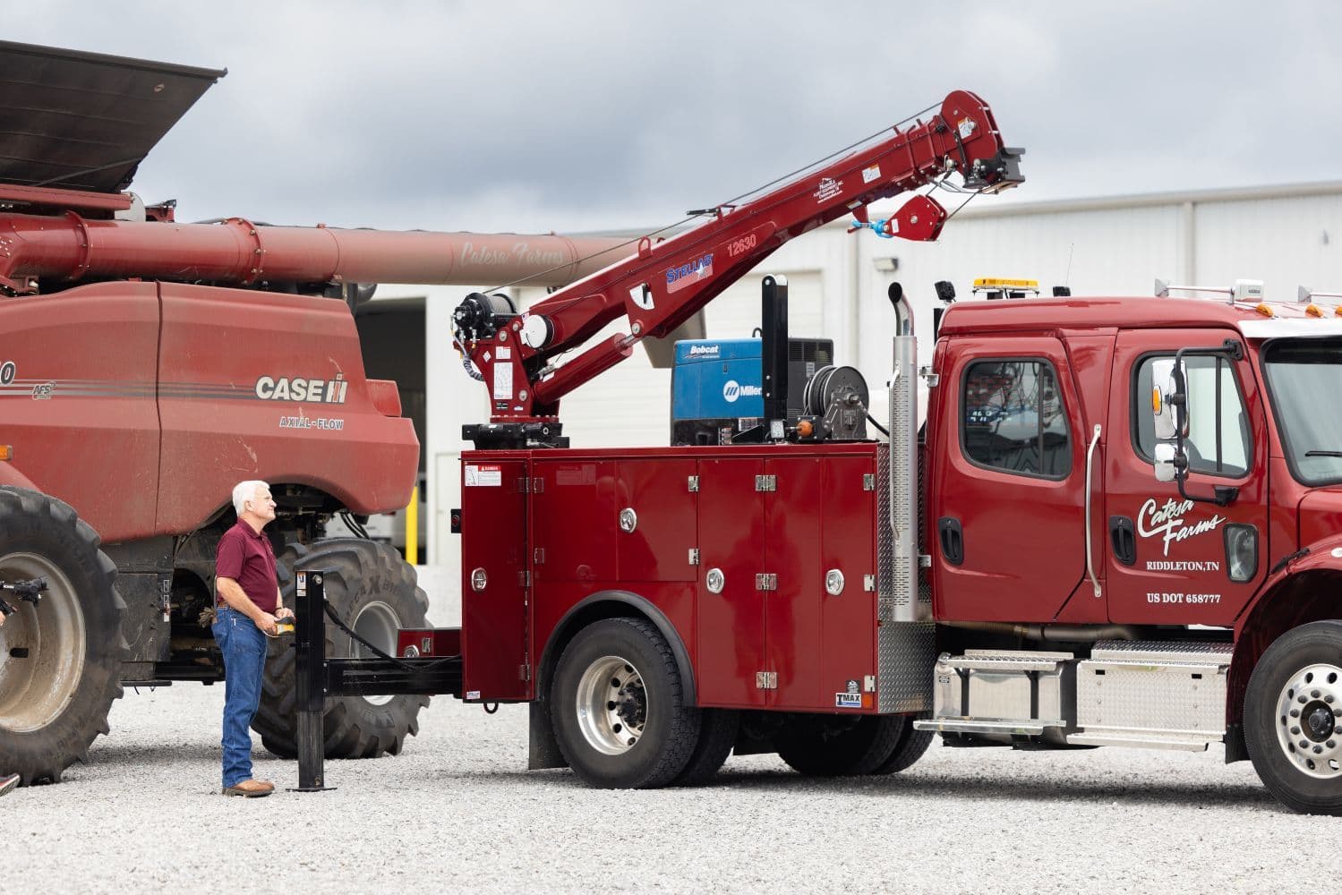 Catesa Farms mechanic truck next to Case IH farm equipment